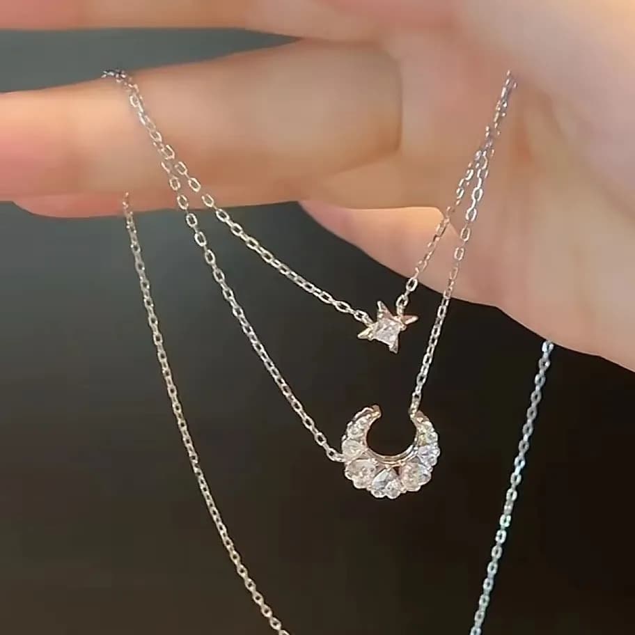 Doble Caída Celestial: Collar de Luna y Estrellas en Plata Esterlina S925 3
