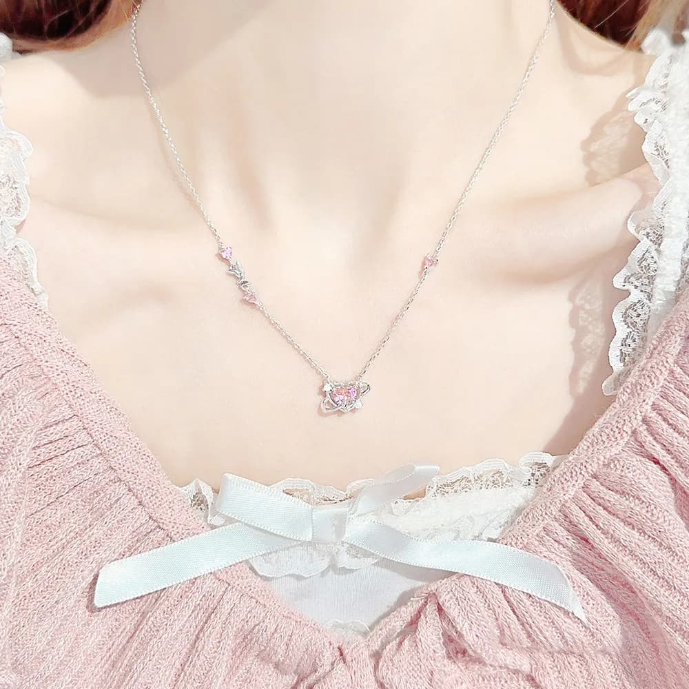Brillo del Corazón: Collar de Circonitas Rosas en Plata 925 Estilo Romántico 4