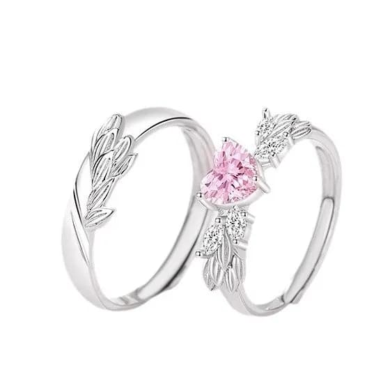 AMOR CELESTIAL: ANILLOS DE PAREJA EN PLATA 925 CON ALAS DE ÁNGEL Y CORAZÓN ROSA 4